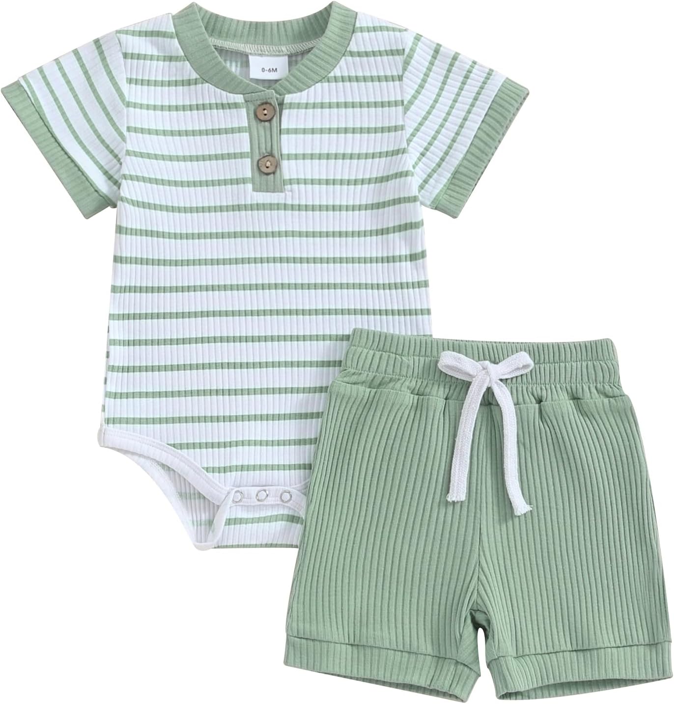 Newborn Baby Boys Girls Summer Outfit Stripe Pattern Short Sleeve Romper+Solid Color Elastic Waist Shorts 2Pcs Clothes Set