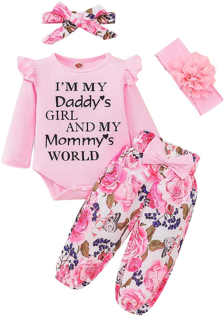 Newborn Baby Girl Clothes Daddy’s Girls Long Sleeve Tops Tops Floral Pants Sets Headband Infant Girl Fall Outfits