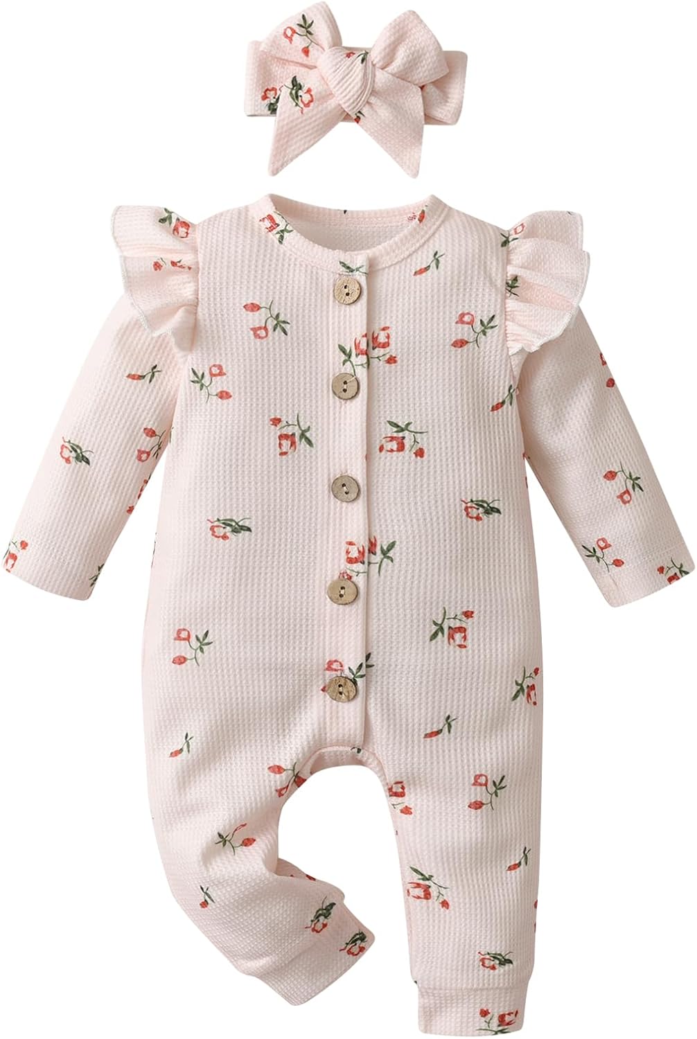 Newborn Baby Girl Clothes Long Sleeve Ruffle Romper Bodysuit Floral Print Onesie Outfit Set