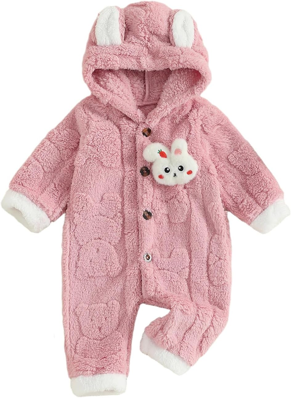 Newborn Baby Girl Romper Long Sleeve Button or Zipper Hooded Jumpsuit Cute Cartoon Bunny Snowsuit Fluffy Flannel Overalls Girls Winter Clothes