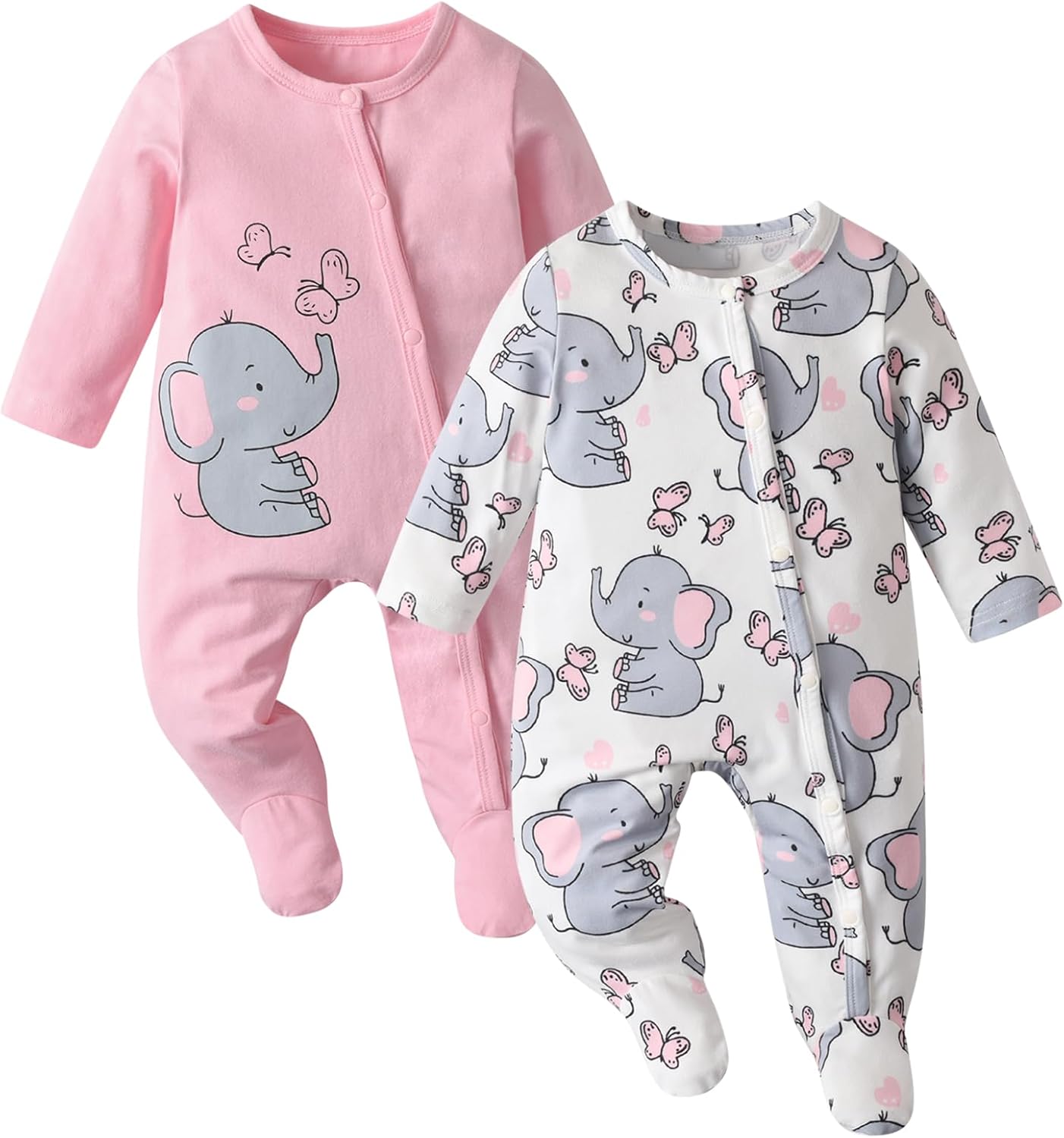 Newborn Baby Girls Rompers Elephant Print Long Sleeve One-Pieces Jumpsuit Pack of 2