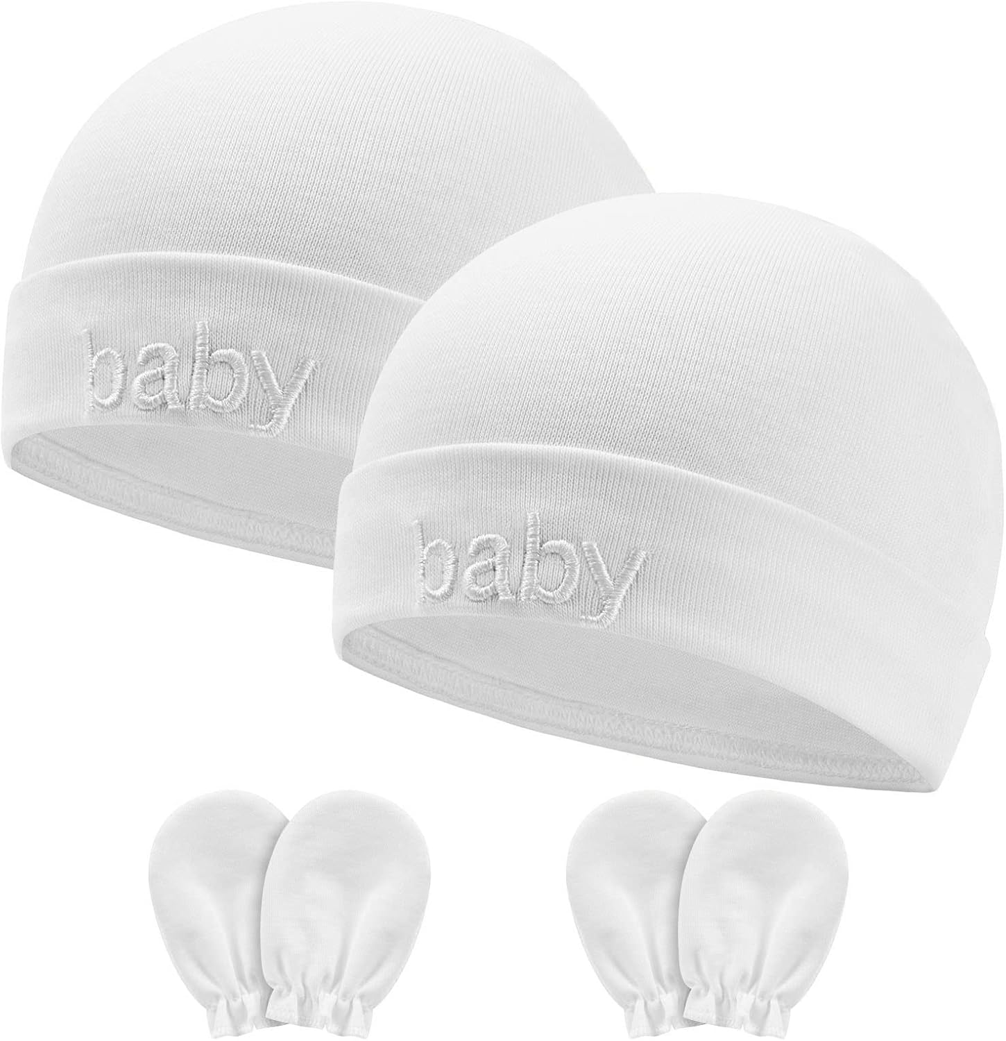 Newborn Baby Hats Mittens Set, 2pcs Baby Hats Caps & 2 Pairs Baby Mittens Gloves, Infant White Hats Baby Cotton Gloves No Scratch Mittens for 0-6 Months