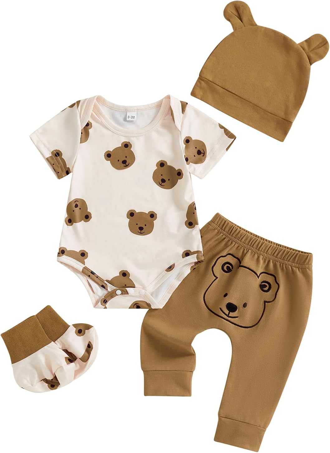 Newborn Come Home Baby Boy Clothes Bear Print Short Sleeve Romper Long Pants Hat Shoes Set 4pcs Infant Boy Summer Outfits