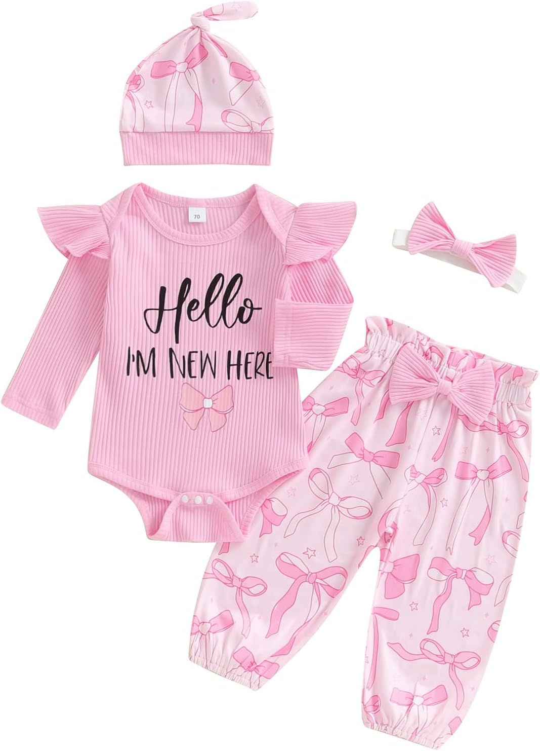 Newborn Come Home Outfits Baby Girls 4pcs Outfits Set Long Sleeve Romper Top Bow Print Trousers Hat Headband Set Infant Fall Clothes