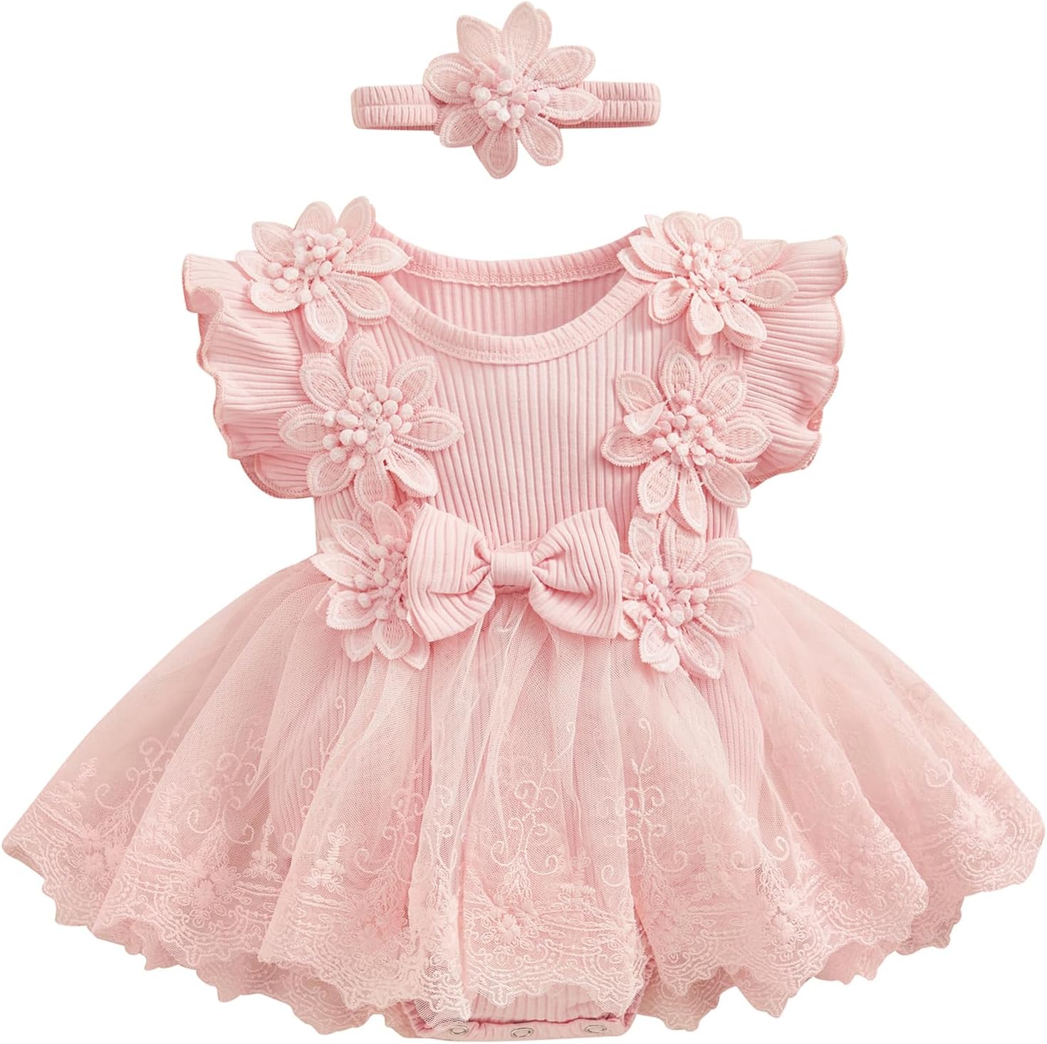Newborn Infant Baby Girl Summer Clothes Set Flower Lace Ruffle Sleeveless Tutu Romper Dress Headband 2Pcs Outfits (3D Flower Lace Pink, 0-3 Months)