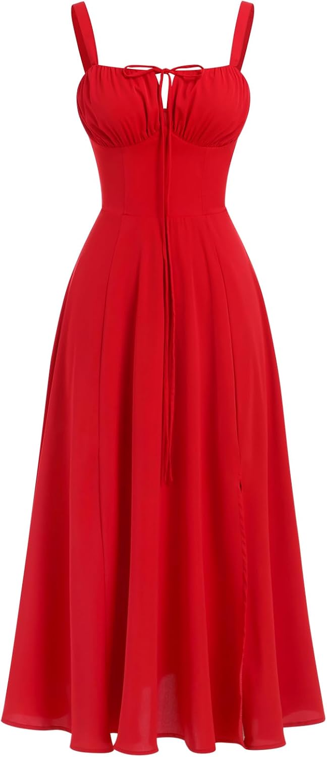 OBEEII Women’s Floral Corset Midi Dress Sleeveless Spaghetti Straps Low Cut Summer Corset Sundress Floral Print Bustier Dress