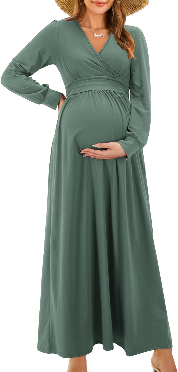 OUGES Women’s 2025 Fashion Long Sleeve V Neck Maxi Dress with Pockets Maternity Clothes Nursing Dresses