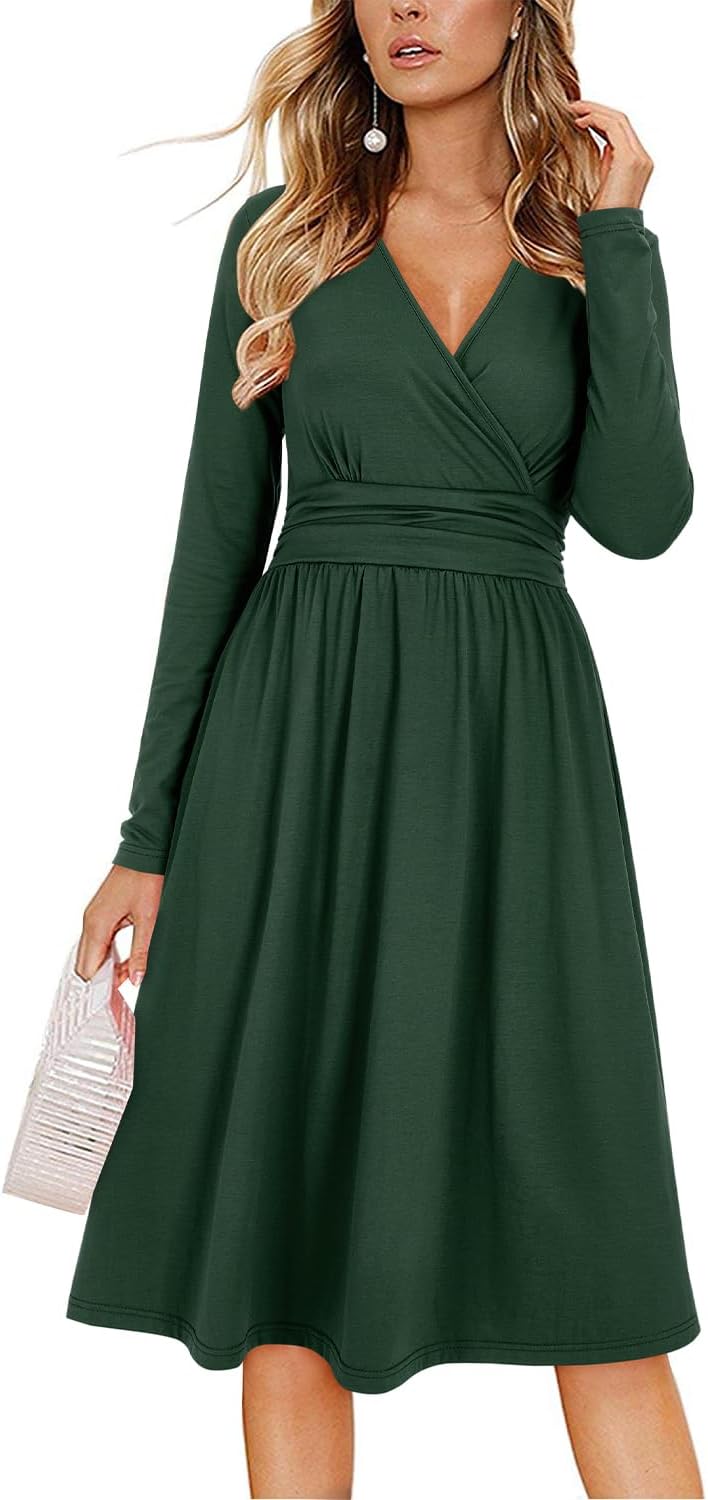 OUGES Women’s Summer Midi Dress V-Neck Long/Short Sleeve Floral Ladies Fall Dress with Pockets