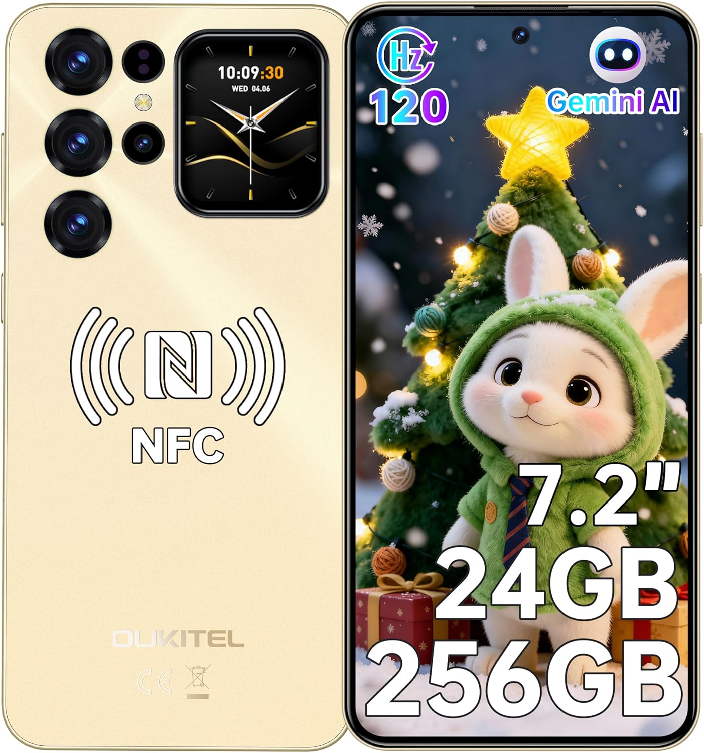 OUKITEL C68 Plus Mobile Phones – 2026 Smartphone,7.2″ HD+ Large Display + 1.81″ rear screen,24GB+256GB+1TB,64MP Camera,6000mAh,4G Dual Gemini AI phone, NFC/Fingerprint/Face ID/GPS/BT5.0,Gold