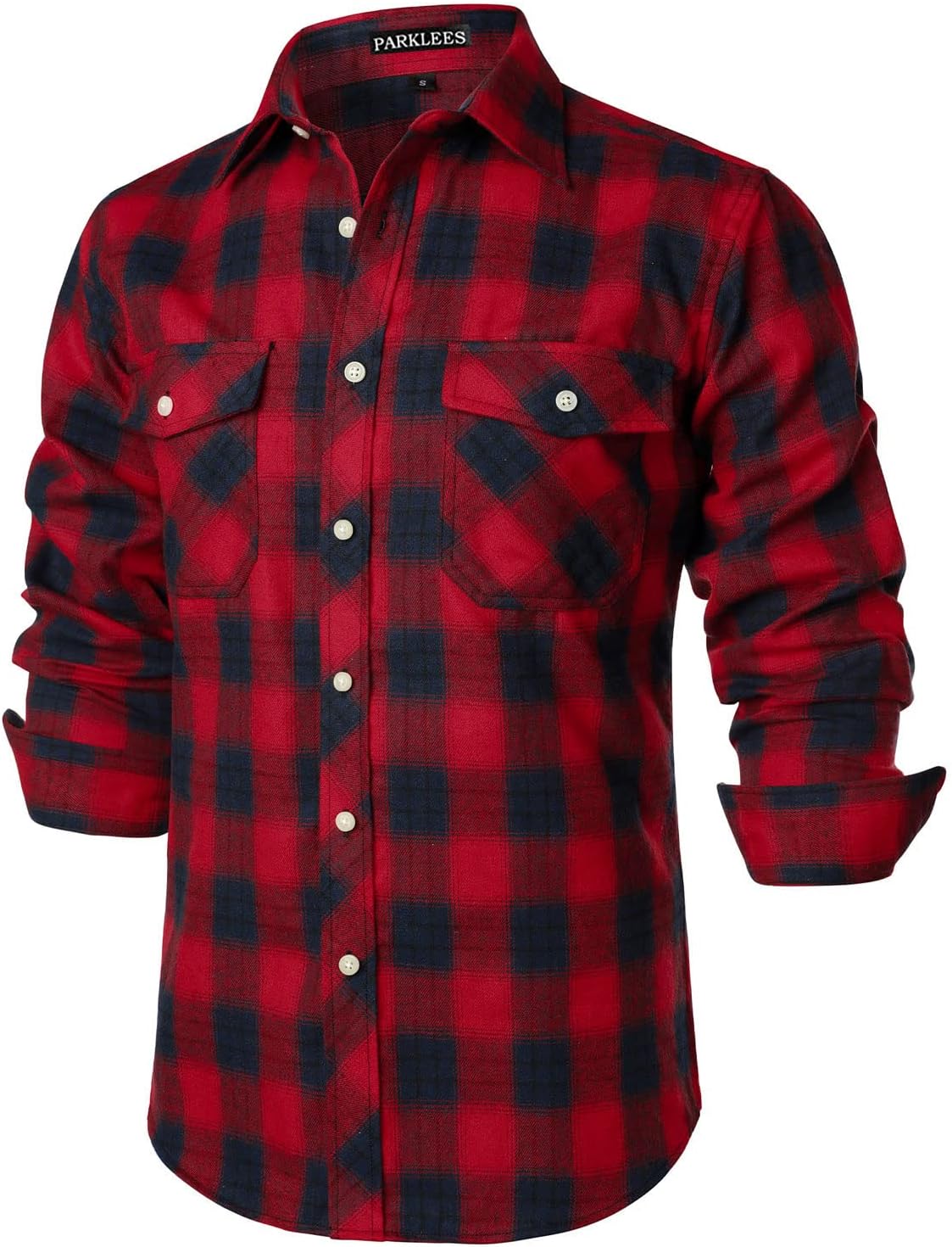 PARKLEES Men’s Casual Regular Fit Button Up Flannel Checked Plaid Shirts with Pockets