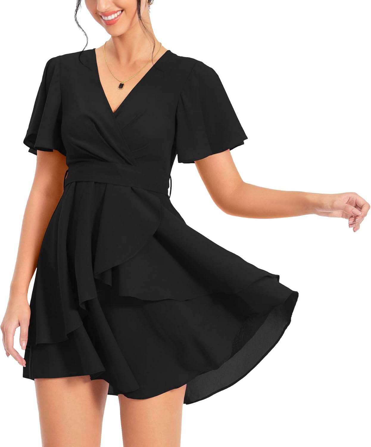 PCEAIIH Women’s Casual Dresses Short/Long Sleeve Empire Skater Dress Deep V-Neck Waist Tie Ruffle Mini Swing Dresses