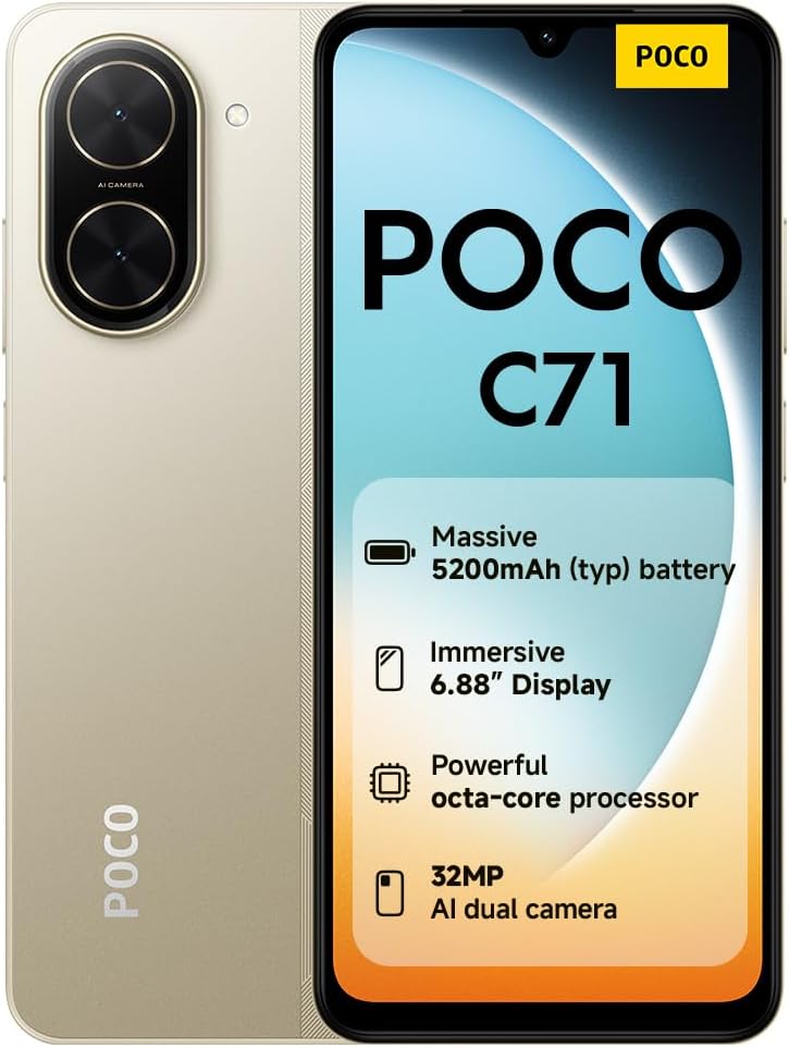 POCO C71 Smartphone, 3+64GB, Gold, UNISOC T7250 processor, 5200mAh battery, 32MP AI dual camera, 6.88″ large screen display (No power adapter included)