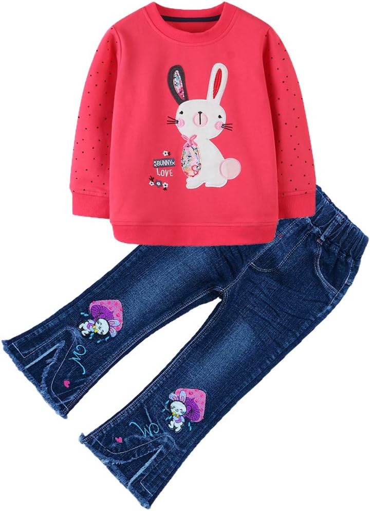 Peacolate 2-11T Toddler Big Girls Pants Clothing Set 2pcs Cotton top and Jeans