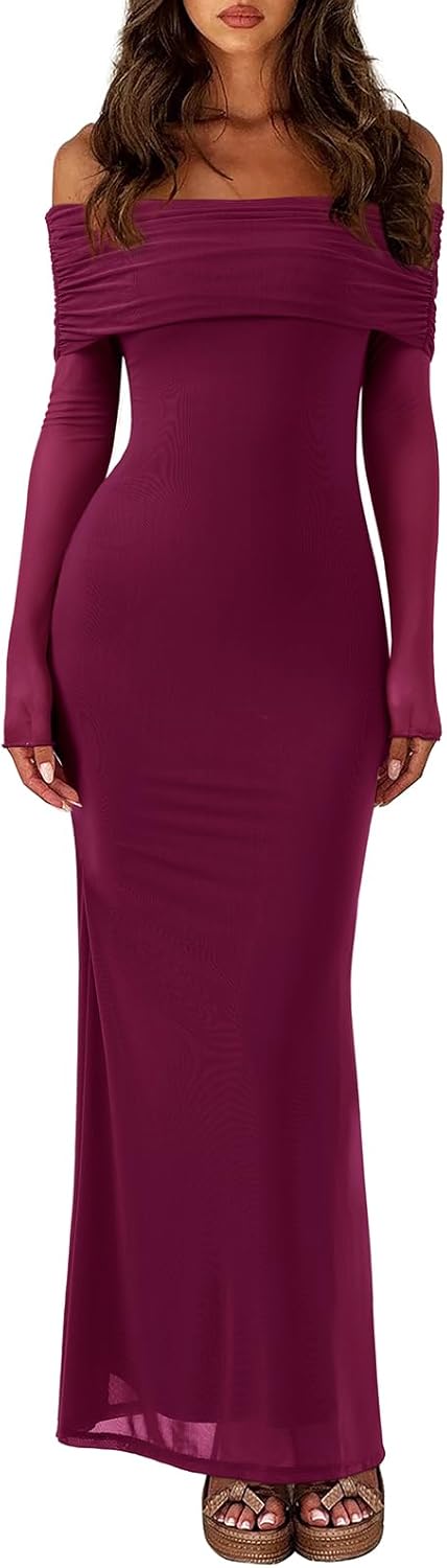 REORIA Women Off Shoulder Long Sleeve Dress Elegant Sexy Stretch Mesh Double Lined Slim Trendy Long Dresses