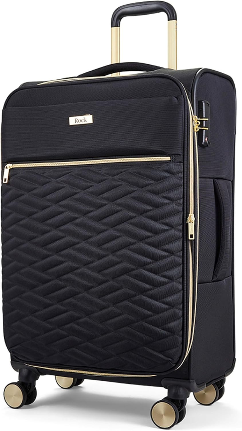 Rock Sloane Medium Expandable Soft Shell Hold Suitcase in Black – Signature London Styling, 360 Swivel-Wheels, Telescopic Handle, Stylish Gold Accents & TSA Combination Lock – 67 x 41 x 30 cm 2.7KG