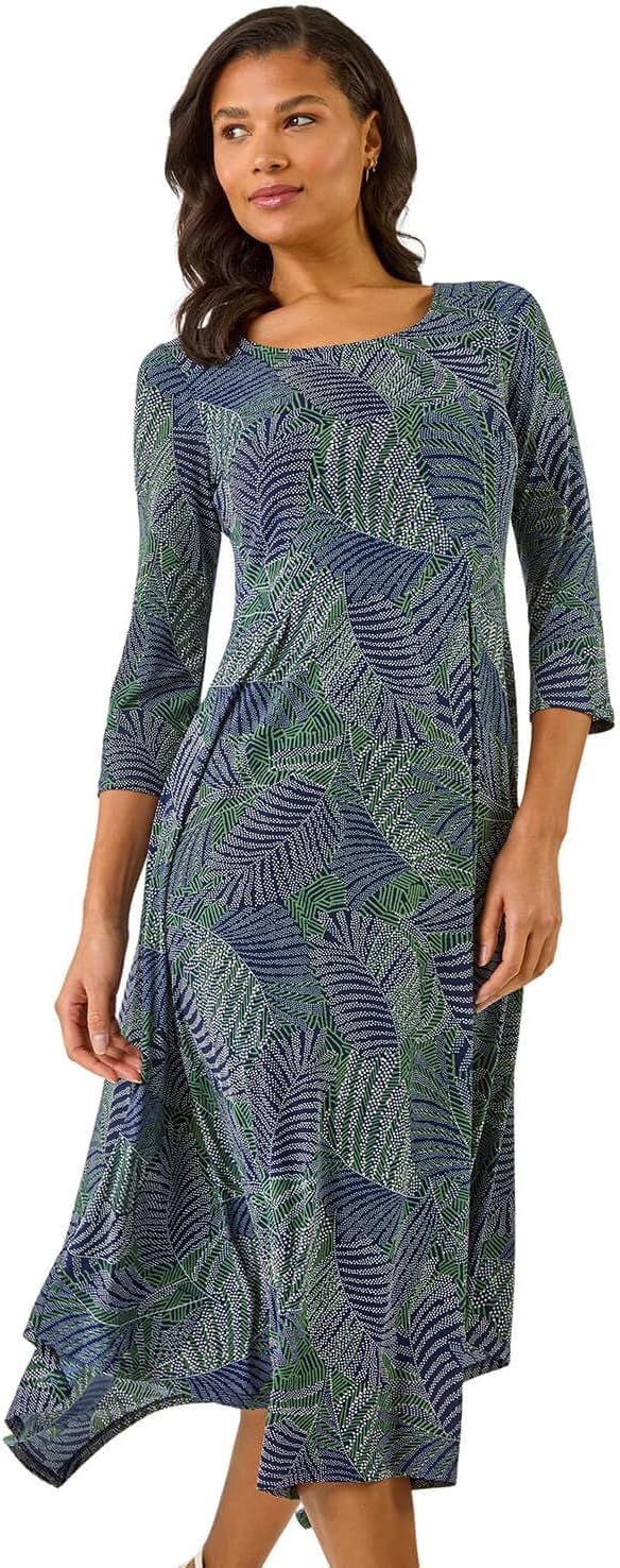 Roman Originals Hanky Hem Swing Dress with Pockets for Women UK Ladies Asymmetric Hemline Stretch Jersey 3/4 Sleeve Winter Smart Casual Work Office Knee Length Tunics