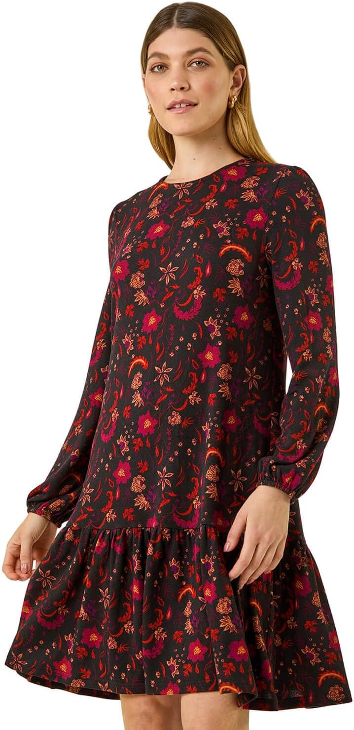 Roman Originals Smock Dress for Women UK Ladies Cotton Summer Embroidered Frilled Tiered Casual Beach Cruise Holiday Cocktail Party 3/4 Sleeve Pull On Gathered Skirt