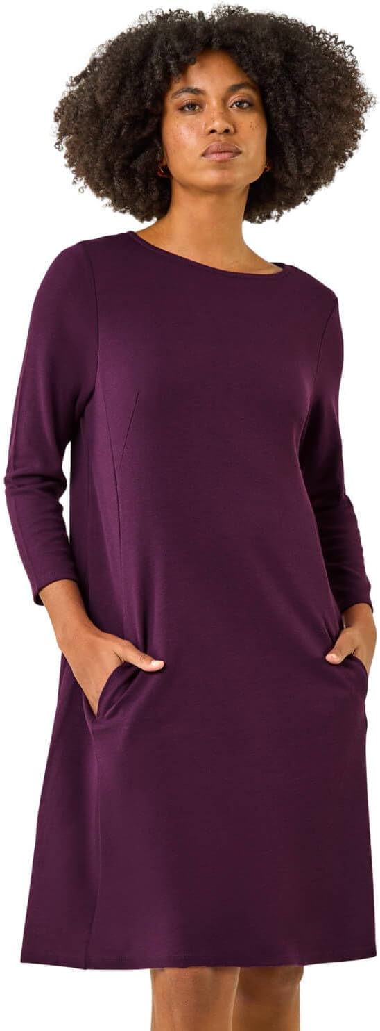 Roman Originals Tunic Dress with Pockets for Women UK Ladies Swing Fit & Flare Skater Slouch Stretchy Casual Smart Winter Jersey Pull On Work Office 3/4 Long Sleeves
