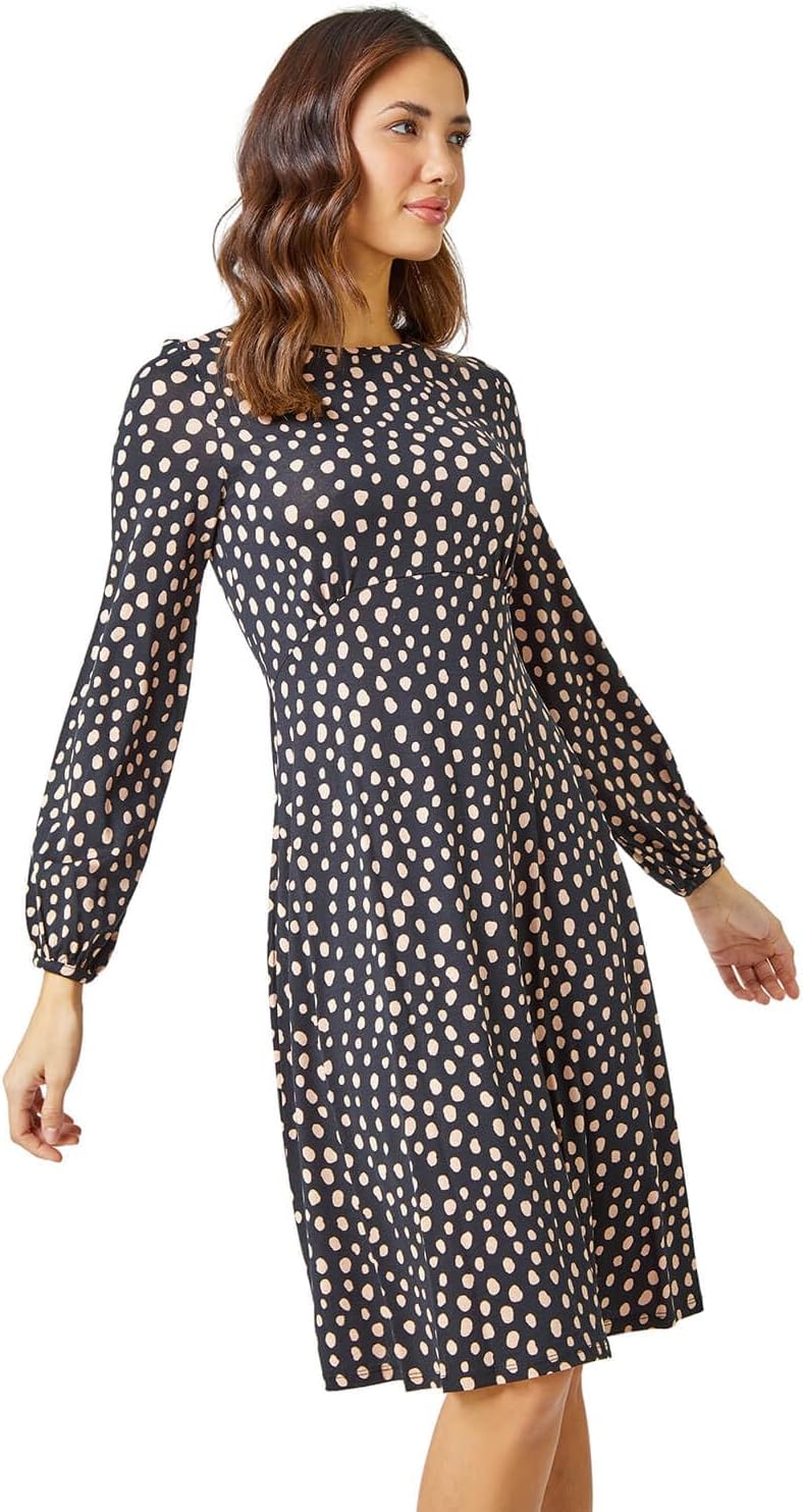 Roman Originals Women Gathered Chest Dress Ladies Stretchy Fit & Flare Swing Tea A Line Skater Knee Length Long Sleeve Midi Smart Casual Work Going Out Cocktail Party