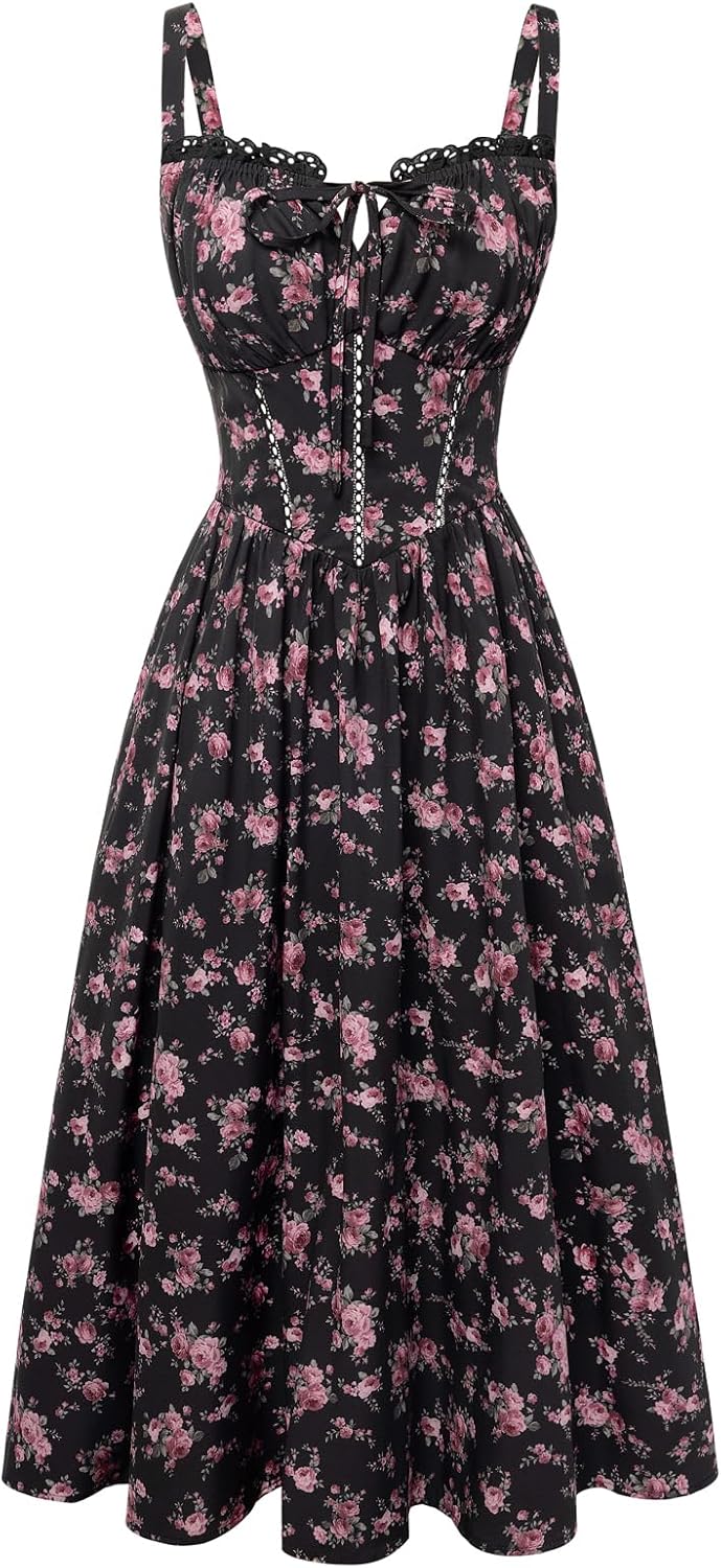 SCARLET DARKNESS Women Floral Corset Dress Summer Casual Milkmaid Sundress with Pockets