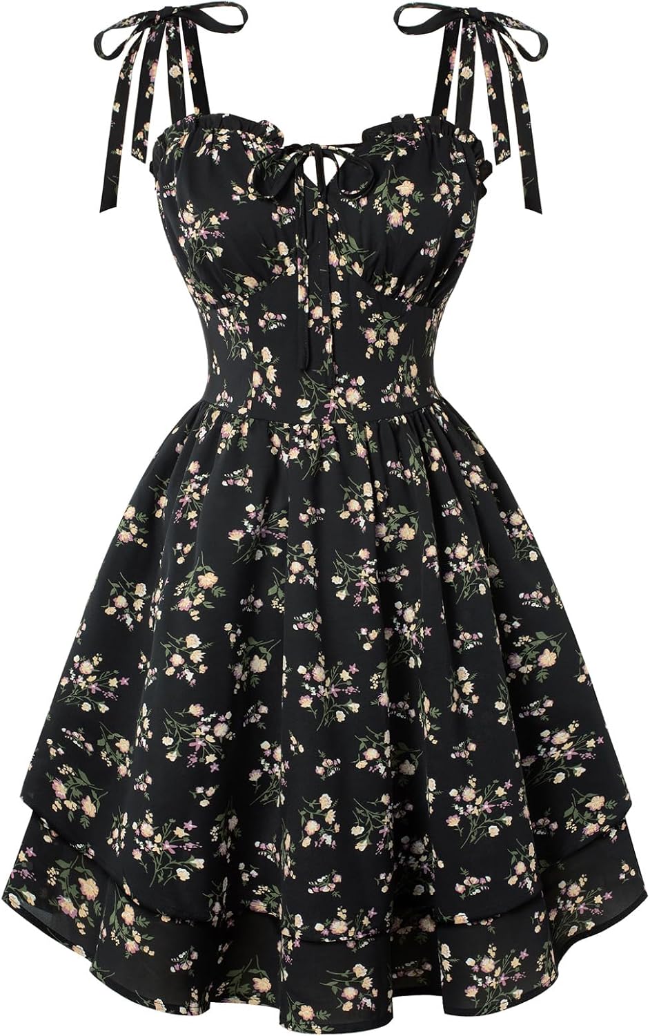 SCARLET DARKNESS Women Floral Dress Teens Summer Adjustable Tie-Shoulder Corset Sundress Tiered Hem Mini Dresses