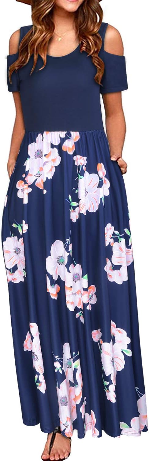 STYLEWORD Women’s Summer Cold Shoulder Short Sleeve Maxi Dress Floral Print Elegant Long Dress with Pockets