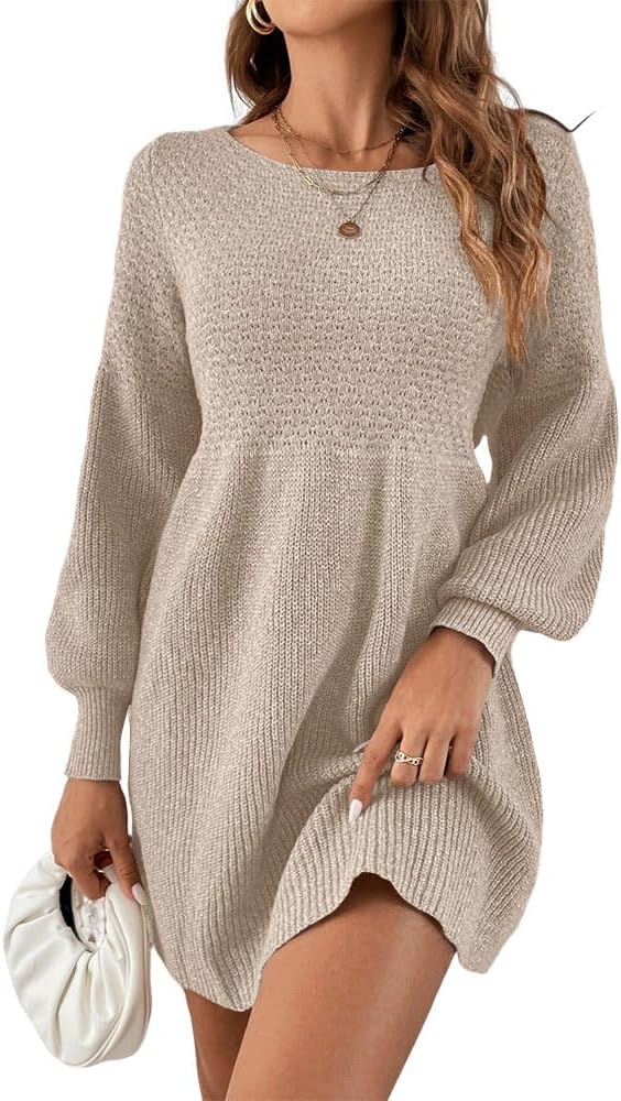 Saodimallsu Womens Crew Neck Mini Sweater Dress Lantern Sleeve High Waisted Rib Knit Dresses Cozy Pullover Long