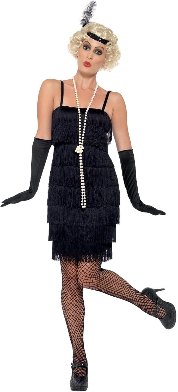 Smiffys Flapper Costume, Black with Short Dress, Headband & Gloves, Adult Women’s Costume for Themed Party
