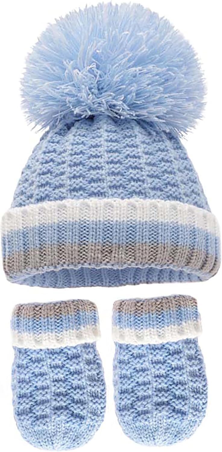Soft Touch Baby Boys Girls Pom Pom Hat Unisex Cable Knit Twist Hat Mittens Set 0-12 Months H648 (Blue), One Size
