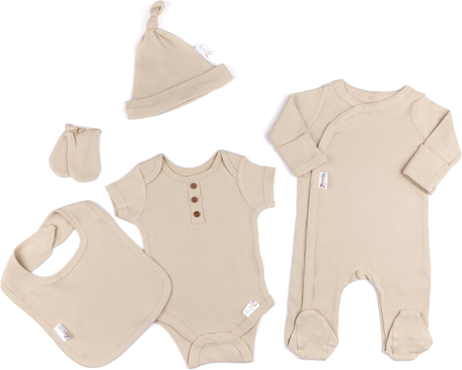 Soft Touch Newborn Essentials 100% Cotton Baby Ribbed Clothes for 0-3 Months 5 Pcs Set Long Sleeve Sleepsuit, Bodysuit, Newborn Hat, Mittens, and Bib for Boys and Girls