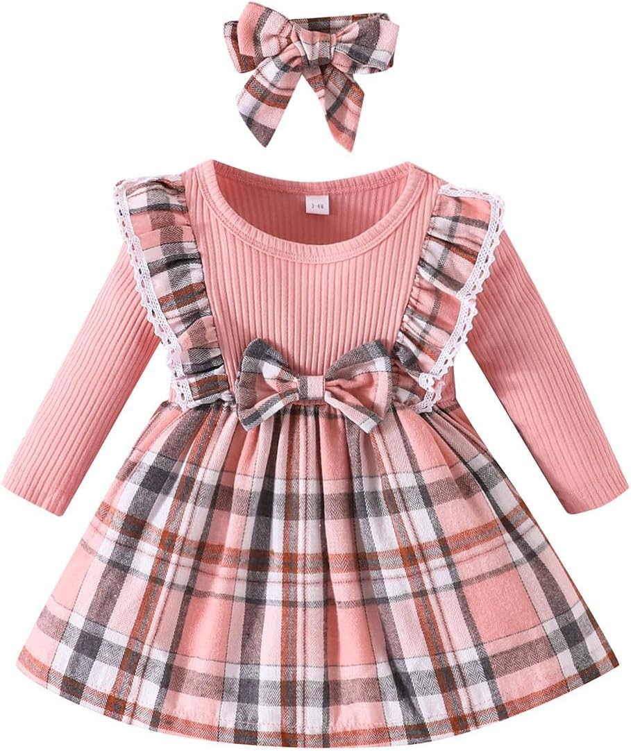 Toddler Baby Girls Dresses Flying Long Sleeve Tutu Dresses Rib Knit Patchwork Plaid Princess Dress with Headband Spring Fall Winter Clothes