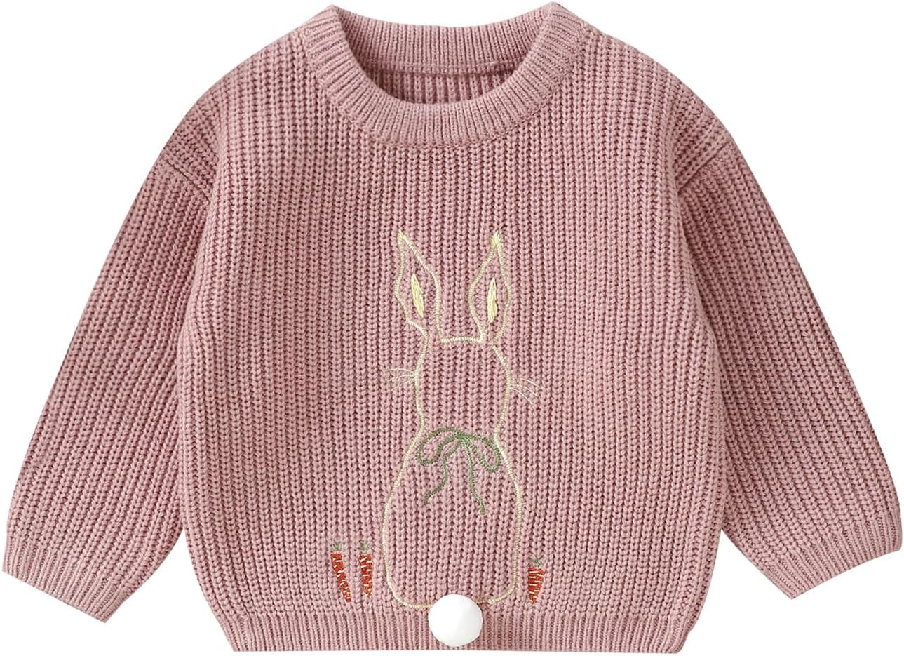 Toddler Baby Girls Easter Jumper Sweater Cute Bunny Embroidery Long Sleeve Crew Neck Pullover Winter Warm Knitwear