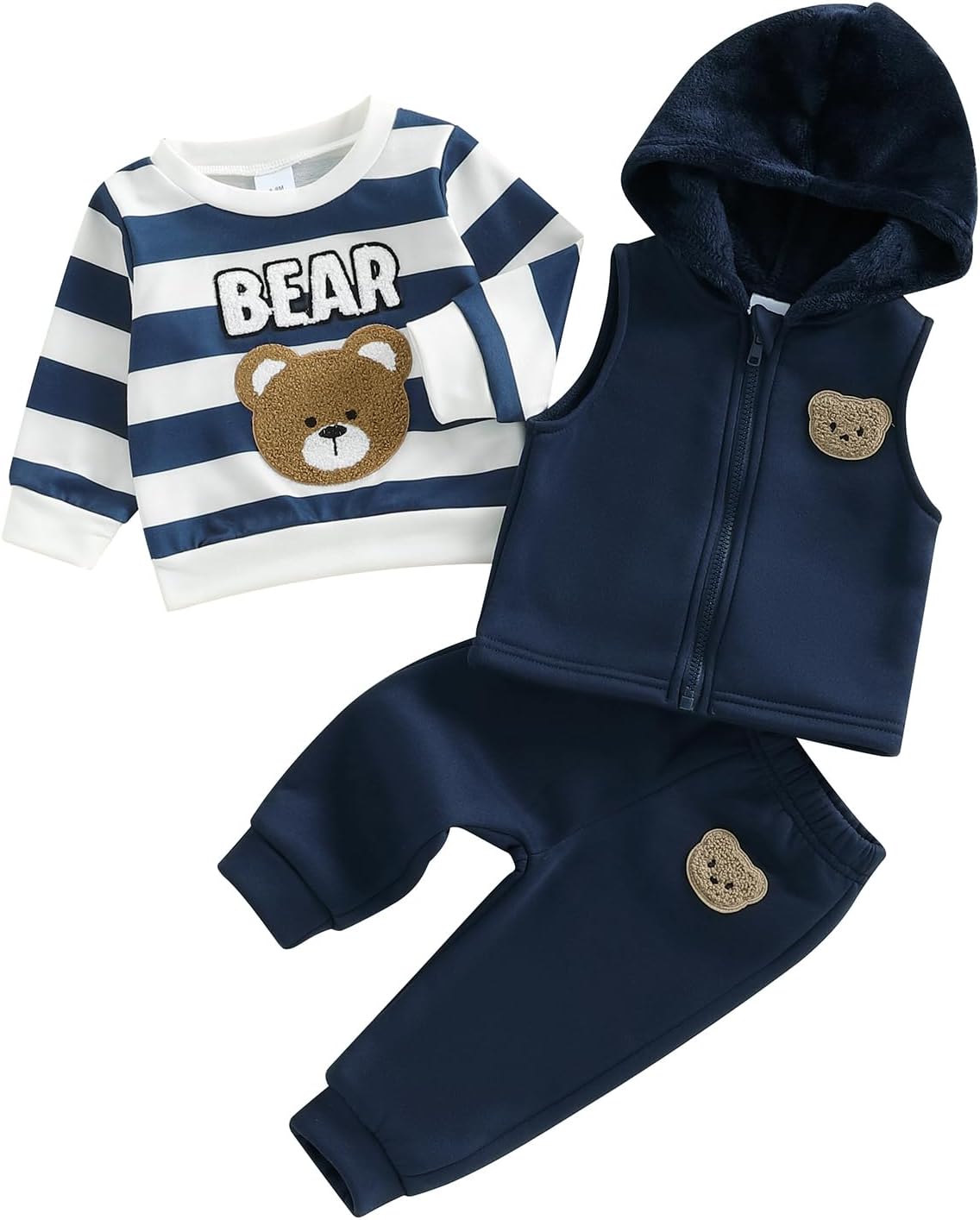 Toddler Boy Fall Winter Outfits Set Bear Embroidery Striped Long Sleeve Pullover Zipper Plush Hoodie Jacket Vest Jogger Pants Set 3pcs Baby Boy Clothes