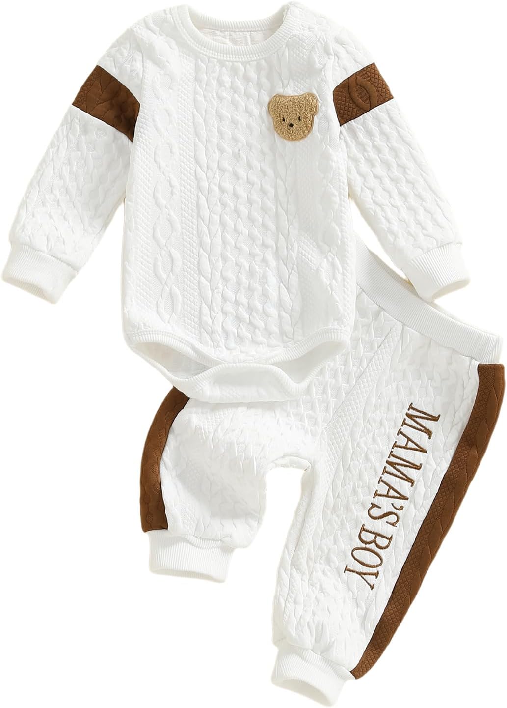 Toddler Boys Outfits 3-18 Months Long Sleeve Bear Embroidery Textured Romper Bodysuit Jumpsuit and Elastic Waist Pants 2Pcs Knit Set Baby Boy Tracksuit