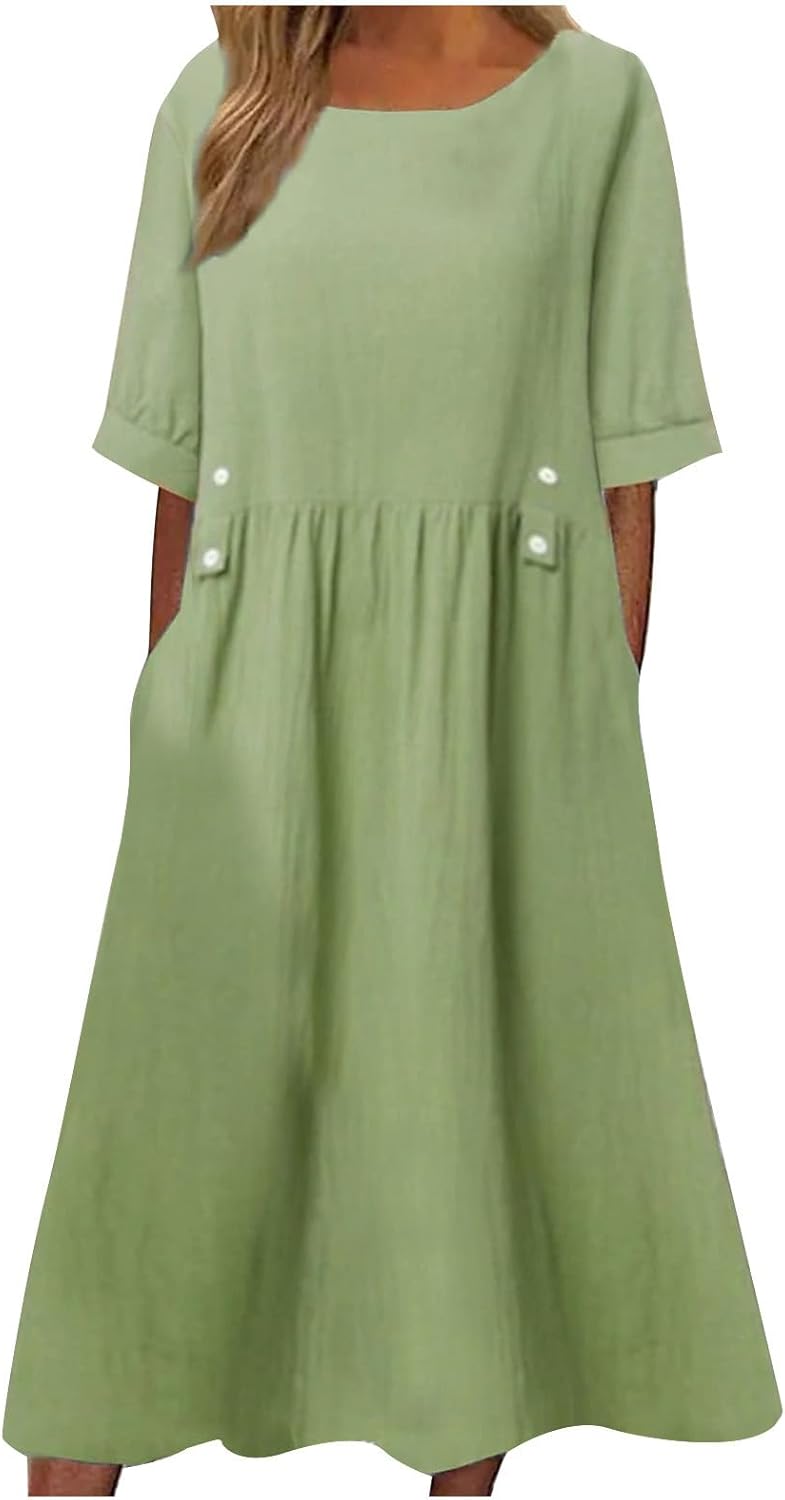 UK Clearance Women’s Summer Cotton Linen Dresses – Short Sleeve Midi Dress with Pocket – Casual Pleated Oversized Solid Holiday Party Beach Dress – Elegant Shift Sundress