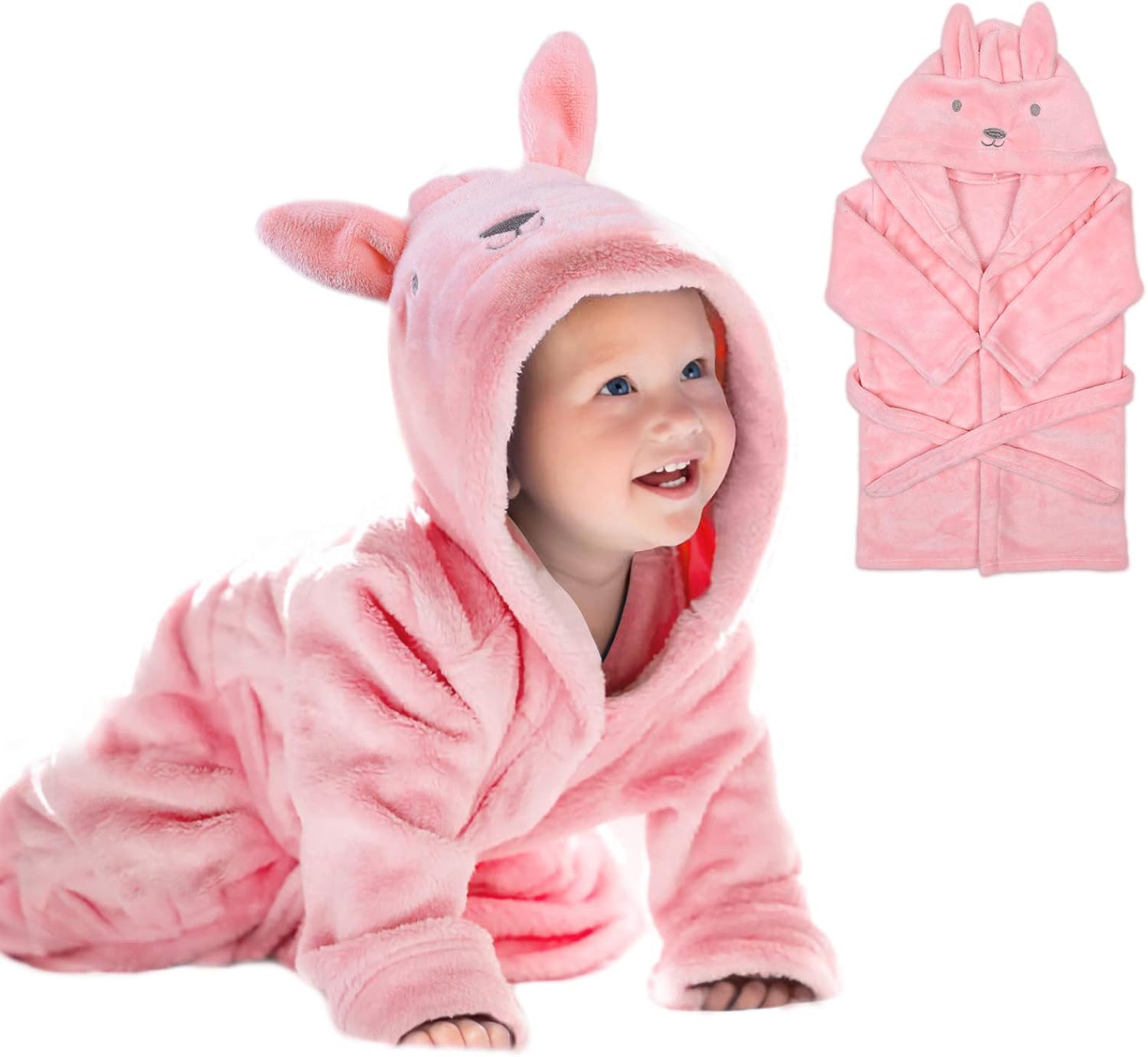 URAQT Baby Bathrobe for Girls, 3D Pink Rabbit Dressing Gown, Super Soft Flannel Hooded Bath Towel, Animal Bath Robe Sleepwear for Kid