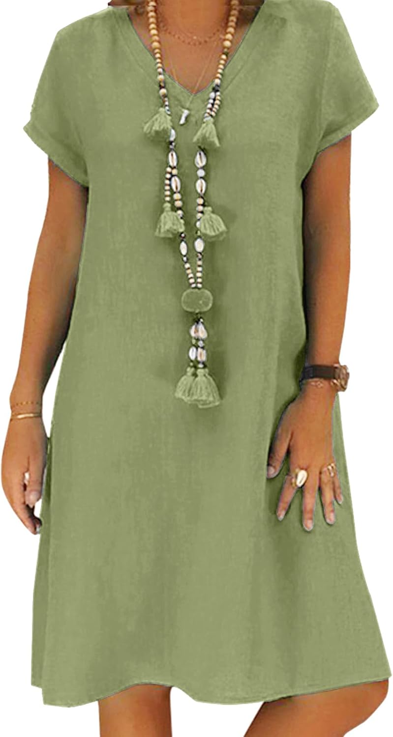 Women’s Dress Summer Linen Dresses Casual V Neck Midi Dress Short Sleeve A-line Dress Sundress Tunic Dress Without Accessories