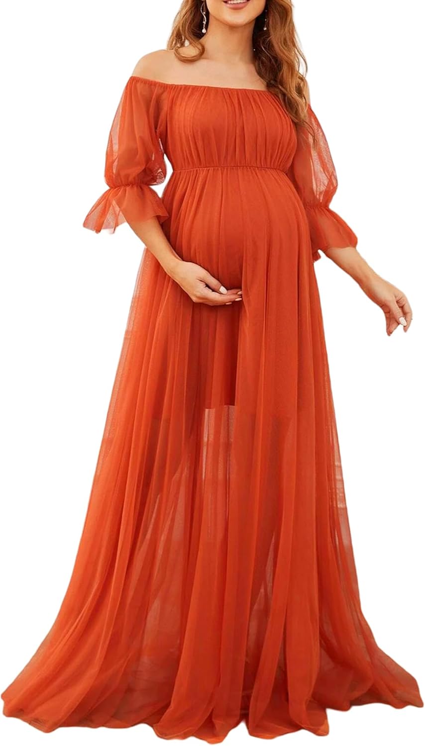 Women’s Long Sleeve Off Shoulder Maternity Maxi Dress Lace Ruffle Sleeve Tulle Gown Pregnancy Dress for Photoshoot