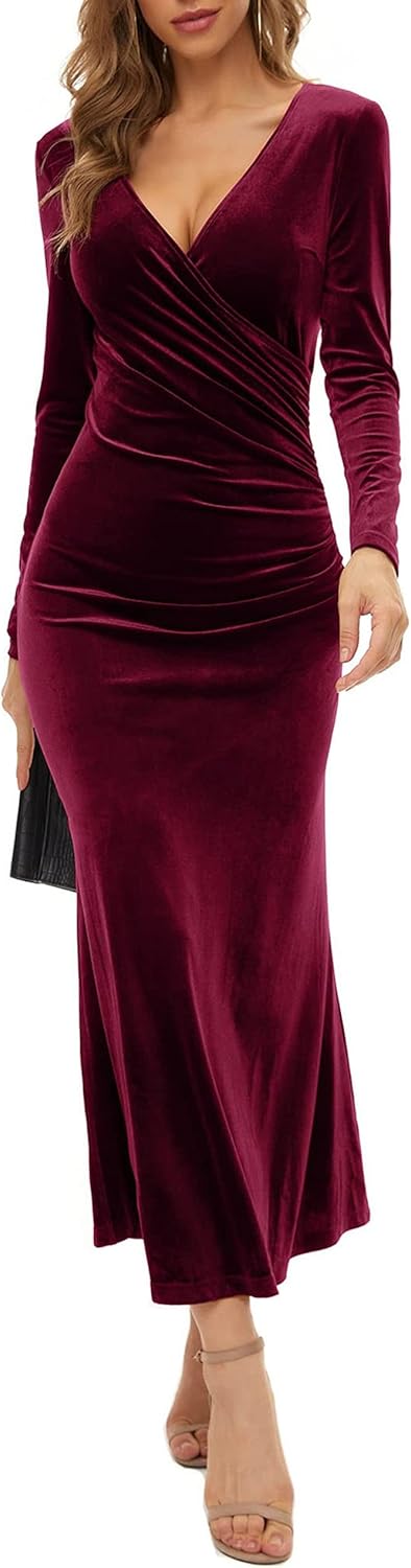 Women’s Package Hip Skirt V-Neck Slim Business Mid-Waist Long-Sleeved Velvet Fishtail Dress Evening Dress