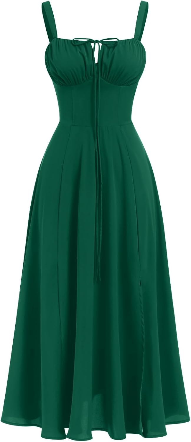 Women’s Summer Dress Spaghetti Strap Dress Spring Boho Dress Front Slit Swing Midi Sundress Party Holiday Beach Dress-