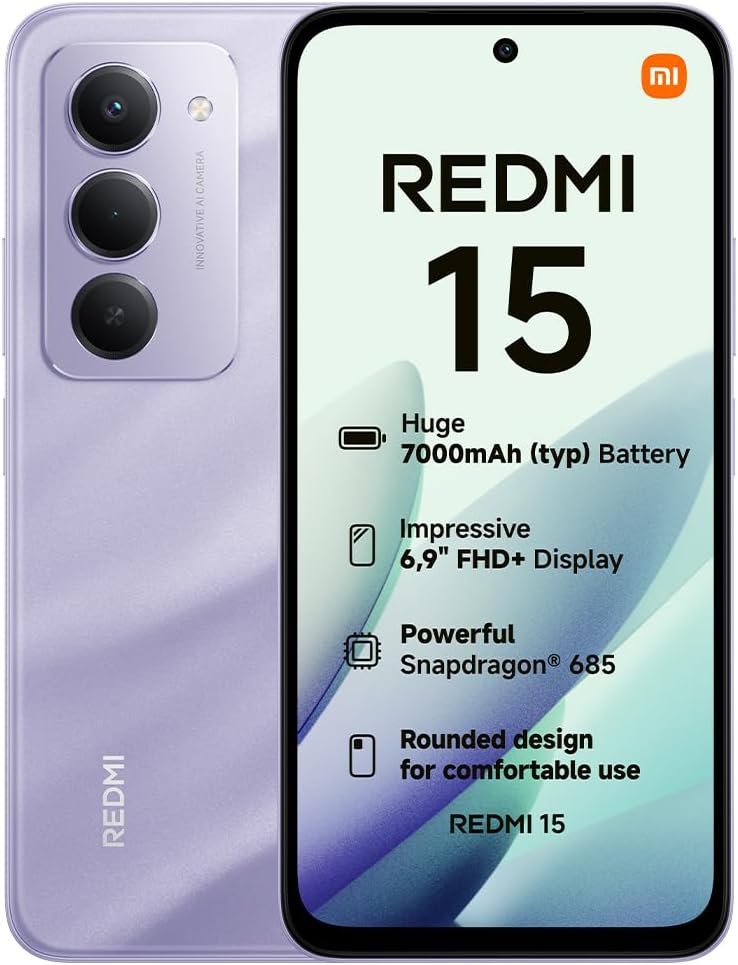 XIAOMI Redmi 15, Smartphone 6+128GB, 6.9″ FHD+ 144Hz DotDisplay, Snapdragon 685, 50MP AI dual camera, 7000mAh Battery, Purple, Charger Not Included