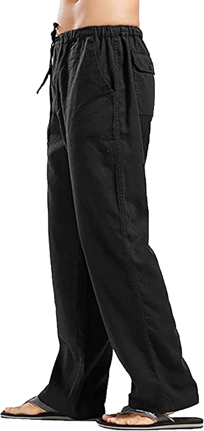 YAOHUOLE Men’s Linen Trousers Lightweight Yoga Pants Elasticated Waist Straight Legs Drawstring Trousers