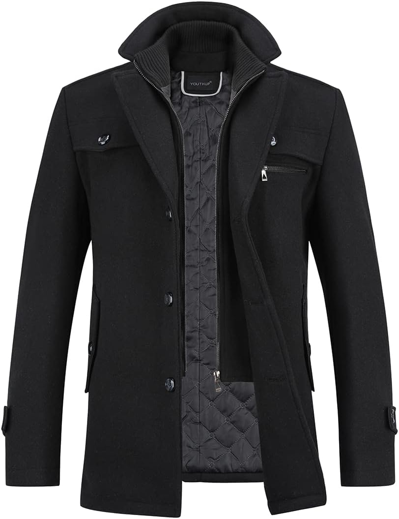YOUTHUP Mens Winter Wool Coat Hip-Length Thick Trench Coats Padded Warm Peacoat Casual Outwear