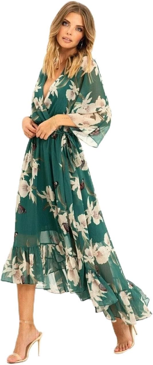 Yumi Floral Print Green Kimono Midi Wrap Dress 22 Green