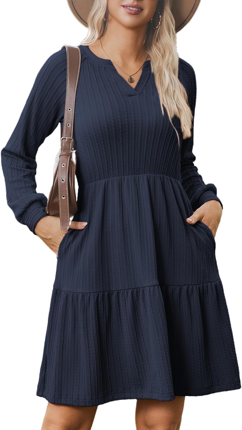 Zeagoo Autumn Jumper Dress for Women UK Elegant V Neck Knitted Tunic Dress Long Sleeve Skater Dresses with Pockets