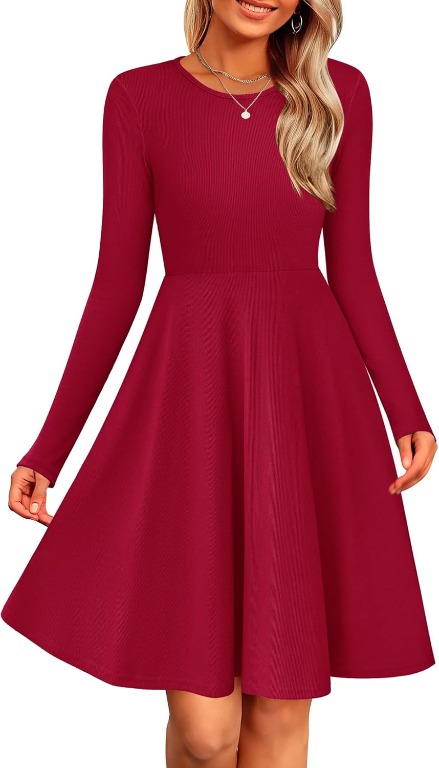 Zeagoo Jumper Dress for Women Long Sleeve Round Neck Dresses Elegant A-Line Knitted Swing Dress for Autumn Winter S-XXL