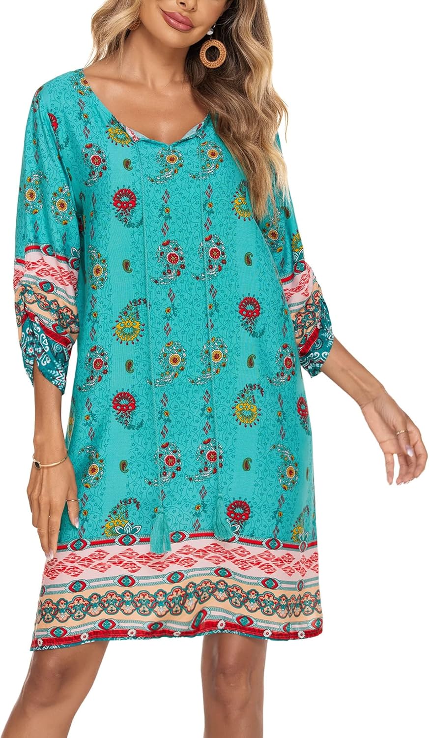Zeagoo Women Dresses Bohemian Floral 3/4 Sleeve Summer Casual Beach Dress Tunic Dress for Ladies