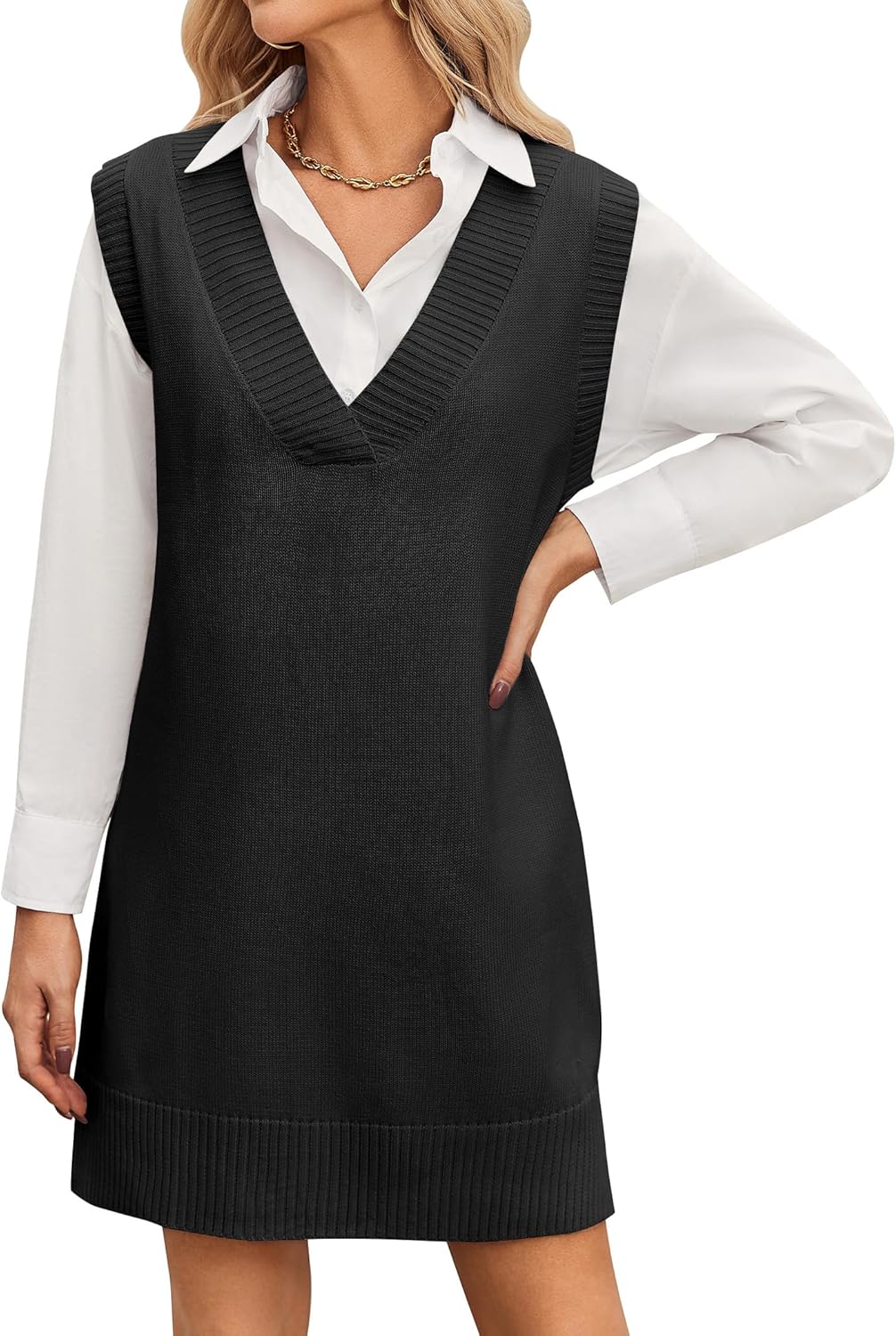 Zeagoo Womens Sweater Vest Dress Pattern Knitted Pullovers Sweaters V Neck Tank Jumper Dresses