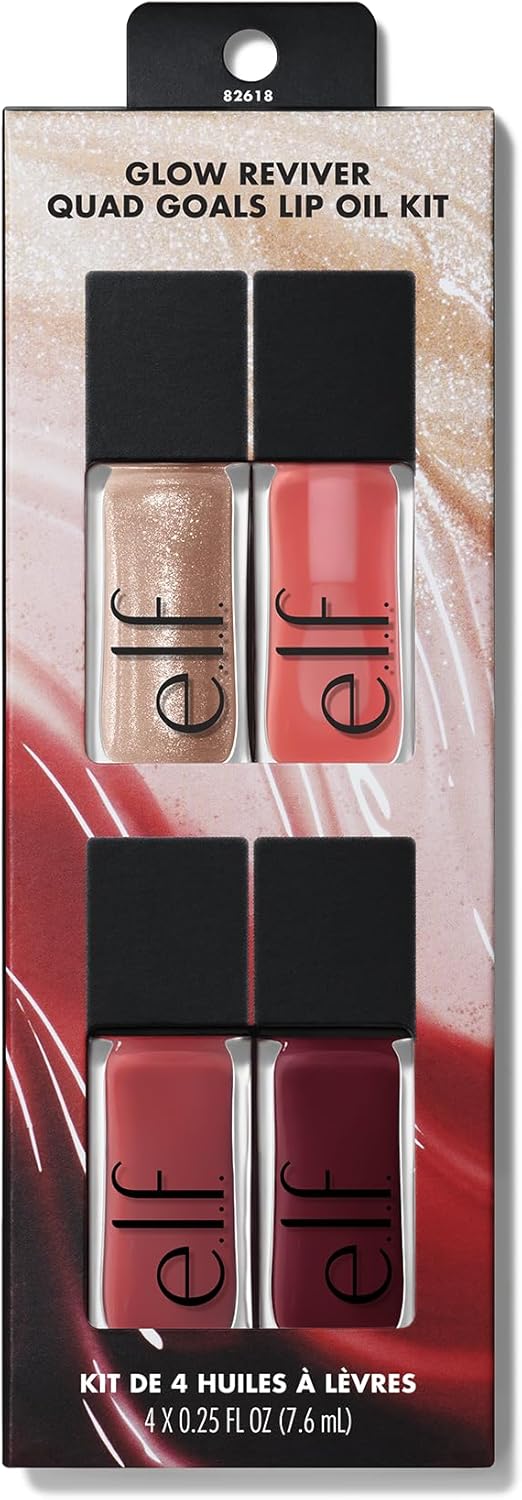 e.l.f. Glow Reviver Quad Goals Lip Oil Kit, 4 Shades: Pink Quartz, Rose Envy, Jam Session, Crystal Baller, Hydrating Formula, Sheer Colour, Vegan & Cruelty-Free