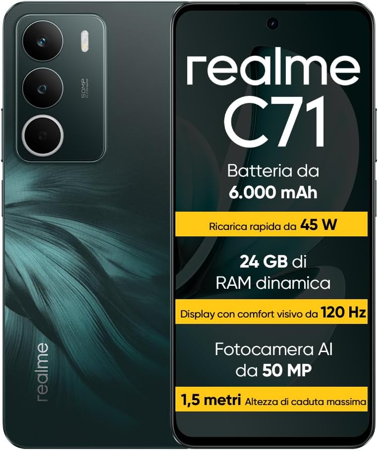 realme C71 Mobile Phones, 8+256 GB, 6.67-Inch 120Hz Eye Comfort Display, 6000mAH Long-lasting Battery, Fast Charger 45W, 50MP AI Camera, Dark Green, Version EU
